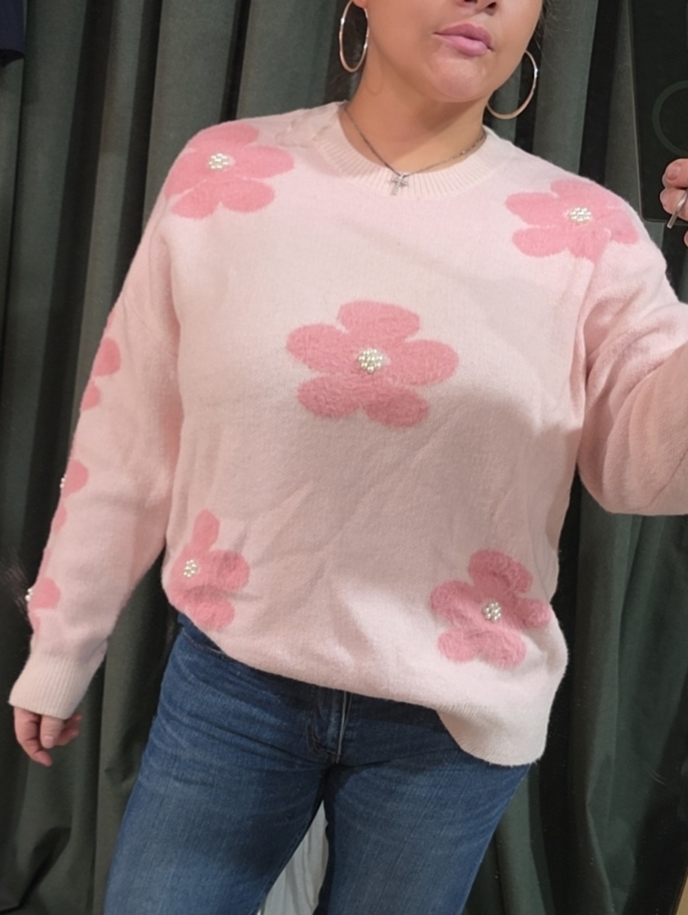 Women's Pink Floral Crewneck Sweater with Embellished Centers